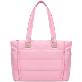 BISKLNDN Nylon Puffer Tote Bag for Women with Zipper Closure - Quilted Handbag with Water Bottle Pocket, Large Puffy Shoulder Bag for Work, Travel, Gym, School, Laptop & Essentials，Pink