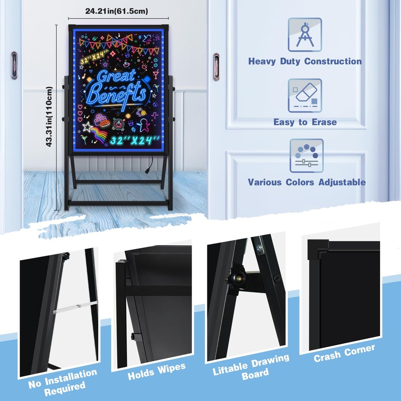 Hosim Standing A-Frame LED Message Writing Board, 32”x 24" Illuminated