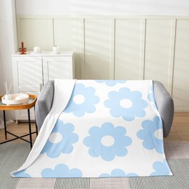 Cute Daisy Flowers All Season Bed Blanket,70s Retro Groovy Flannel Fleece Throw Blanket for Boys Girls,Cartoon Floral Blue Soft Plush Blanket Bedroom Sofa Dorm Decor,Twin 60"x80"