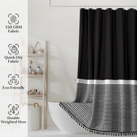 Seasonwood Boho Shower Curtain Black and White Fabric Shower Curtain with Black Tassels Modern Farmhouse Waterproof Shower Curtains for The Bathroom Decor 72 x78 inch