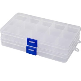 YoiYee 15-Grid Transparent Jewellery Organizers Box with Adjustable Dividers - Small Clear Plastic Storage Boxes for Jewelry, Cosmetics, Crafts, Hair Accessories (Blue Buckle), Pack of 2