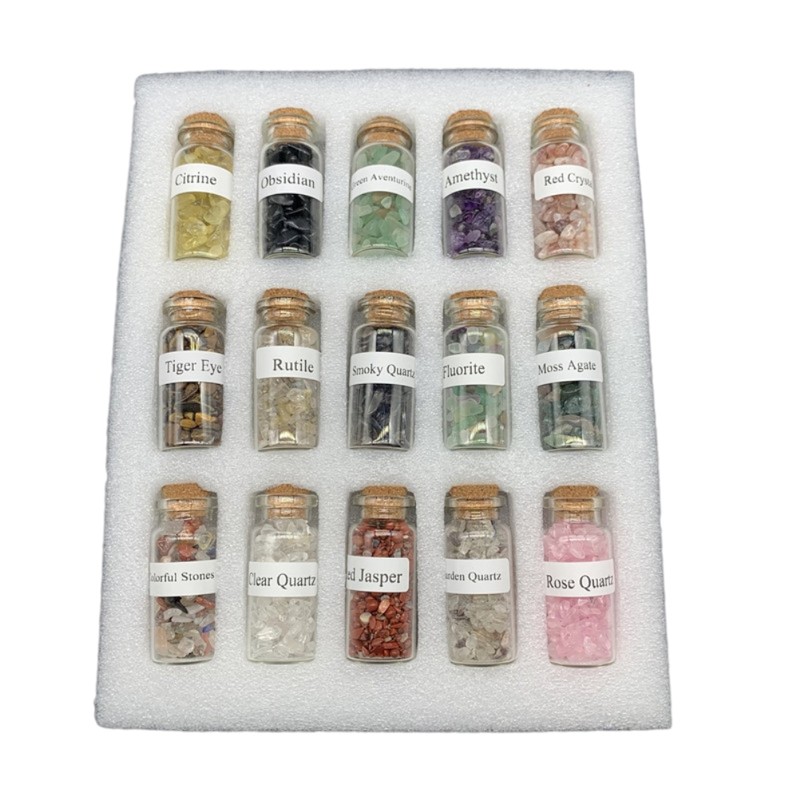 15Pcs Mini Wishing Bottles Chip Stone Set Crystal Tumbled Reiki