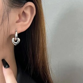 Chunky Small Hoop With Heart Charm Dangle Drop Earrings for Women Girls Dainty 14K Gold Plated High Polished Thick Huggie Hoops Hearted Love Dangling Minimalist Hooped Fashion Jewelry Gifts (Silvery)