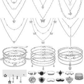 NEWITIN 45 Pieces Silver Jewelry Set for Women Party Costume Punk Jewelry Set Goth Grunge Y2k Accessories Vintage Gothic Necklaces Bracelets Earrings Rings for Women Men, Adjustable, Metal, No