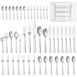 HIKAA 45-Piece Silverware Set with Organizer, Heavy Duty Stainless Steel Flatware for 8, Cutlery Utensil Sets with Serving Utensils, Mirror Polished, Dishwasher Safe