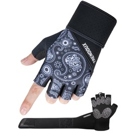 Workout Gloves Men, Extra Wrist wrap Support Fingerless Full Palm Padded Cushion Protection,Breathable Gym Weight Lifting Exercise, Training, Fitness, Hanging, Climbing, Women Pull Ups - PAISLEY