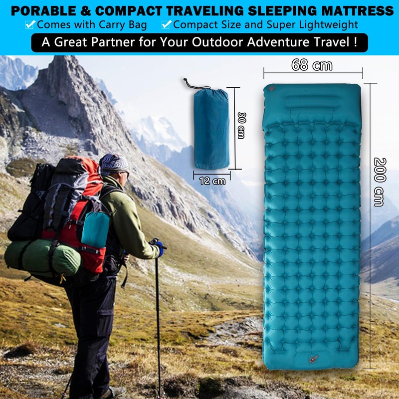 I LITTON Blue Self-Inflating Sleeping Camping Mat with Built-In Pillow,
