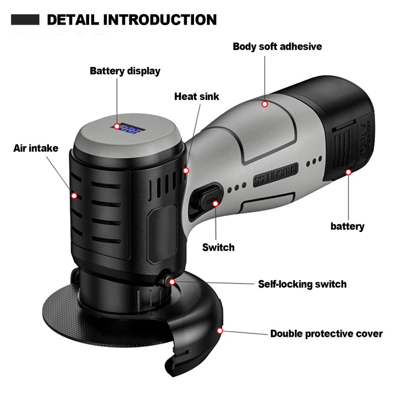 ZFULVO Brushless Cordless Angle Grinder Kit, 19500rpm Mini Electric Angle