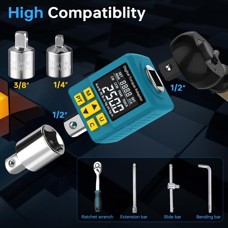 Upgrade Digital Torque Adapter, (±1% Accuracy, 12.5-250Ft-lb), 1/2" Digital Torque