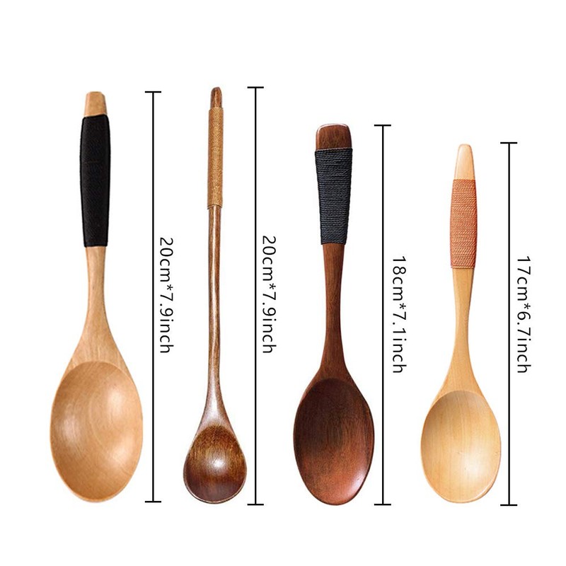 Set of 4 Wooden Spoons, Soup Spoons, Long Handle, Coffee,