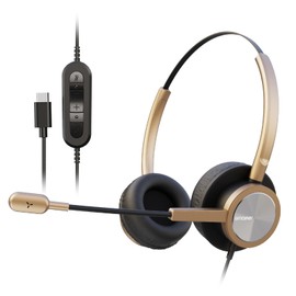 USB Type C Headphones with Noise Canceling Microphone, USB-C Headset with Mic for PC, Laptop, Lightweight Gold Headset for Call Center Office Laptop, Skype, Zoom, Webinar, Google Meet, WeBex