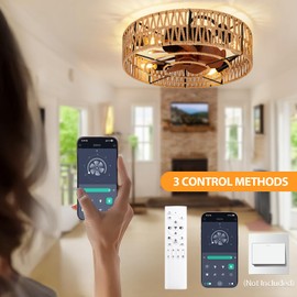 vookea 2-in-1 Low Profile Ceiling Fan with Light, 20” Caged Boho Safety Design for Kids - 3000K, Smart APP/Remote Control, Quiet Flush Mount DC Motor, Ideal for Bedroom/Kitchen Farmhouse Style