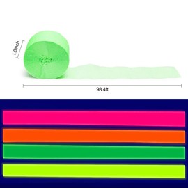 JIHUOO 4 Rolls Neon Crepe Paper Streamers Glow in the Dark Streamers Fluorescent Streamers Neon Birthday Party Backdrop Decorations