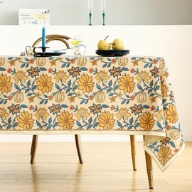ISAENNE French Tablecloth for Rectangle Tables,Linen Table Cloth with Yellow Flowers Pattern,Heavy Durable Table Cover for Dining Thanksgiving Kitchen Decor Party Christmas,63"*94"