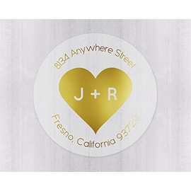 Wedding Return Address Stickers, Gold Foil on Clear Transparent Return Address Labels, Circle with Heart Envelope Seals (#149-CF)