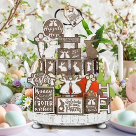 Ziliny 29 Pcs Easter Tiered Tray Decor Bunny Kisses Tiered Tray Table Decor White Series Bunny Carrots Wooden Centerpiece Signs for Home Kitchen Farmhouse Decor