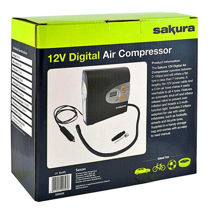 Sakura SS5332 Digital Air Compressor 12V For Cars, Inflatables and