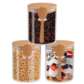 3 Pcs Glass Jars with Airtight Lid and Spoon, Overnight Oats Containers with Bamboo Lids, Glass Food Storage Canisters Yogurt Containers for Coffee Beans, Tea, Nuts, Candy, (20 Oz/600Ml)