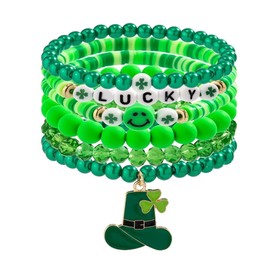 FFLaiwah 6 Pcs Shamrock Charm Bracelet Set Irish Green Beads Stackable Bracelets St. Patrick's Day Clover Good Luck Jewelry Gifts