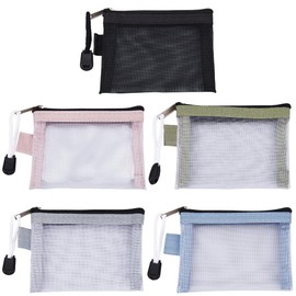 SOFPLATE 5Pcs 5 Colors 3 x 4.5 Inch Mini Zipper Mesh Bags Cosmetic Mesh Pouch Travel Nylon Portable Makeup Toiletry Bag Organizer Key Card Holder for Purse Home Office Lipstick Brushes Coin Women
