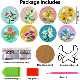 8 Pcs Diamond Painting Coasters with Holder, Diamond Art Coasters for Beginners, Adults & Beginner Diamond Art Kits for Adults, Craft Supplies