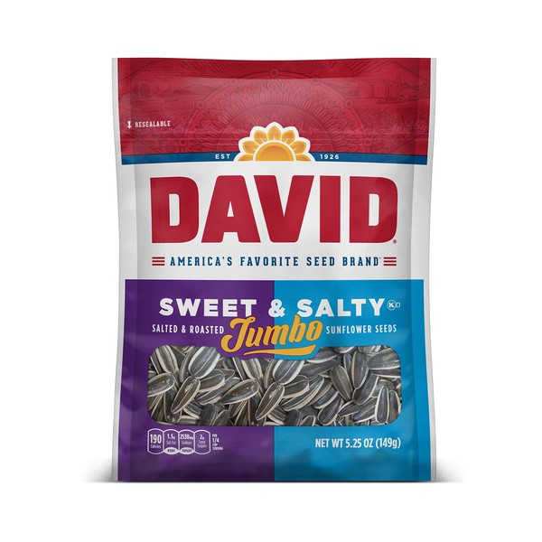 DAVID SEEDS Roasted and Salted Sweet and Salty Jumbo Sunflower Seeds, 5.25 oz, 12 Pack