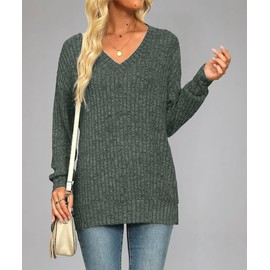 ROFUSSO Women's V Neck Sweater Soft Cable Knit Pullover Striped Chunky Knitwear Long Sleeve Fall and Winter Fashion Top Green XXL