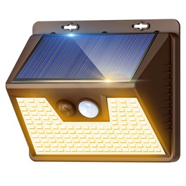 Solar Lights Outdoor 1 Pack, 140LED/3 Modes Motion Sensor Lights Solar Powered, Wireless IP65 Waterproof Outdoor Wall Lights, Bright for Deck Fence Patio Front Door, Warm Light (Brown)