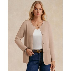 GRACE KARIN Knit Cardigan for Women Crew Neck Button Down Sweaters Blazer Trendy Casual Sweater with Pockets Khaki XXL