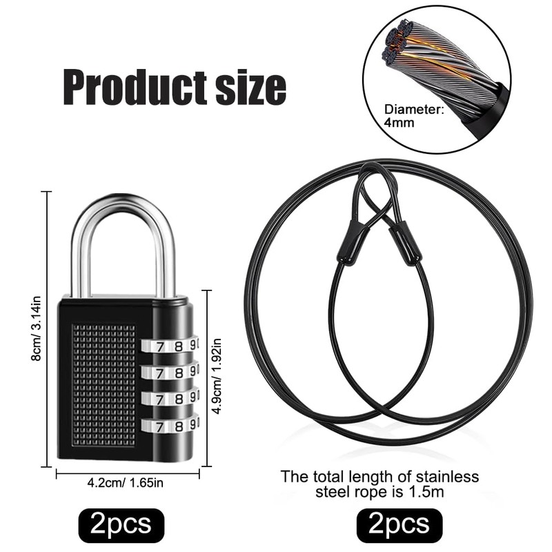 Casenly 2 x Cable Lock Combination Lock Steel Cable with