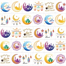 HOWAF 30pcs Eid Mubarak Party Favors Temporary Tattoos, Ramadan Kareem Themed Face Tattoos for Kids with Star Moon Castle Patterns for Eid Party Decorations, Ramadan Mubarak Fake Tattoos