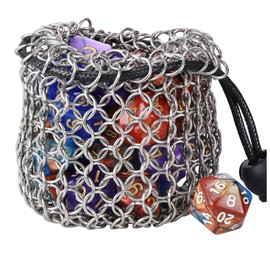 YOUSHARES Drawstring Game Dice Bag - Stainless Steel Chainmail DND Dice Pouch for Metal Polyhedral D&D Dice Set