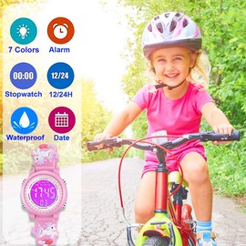 Venhoo Kids Watches for Girls Boys 3D Cartoon 30M Waterproof 7 Color LED Digital Child Wrist Watch Gifts for Girls Kid-Pink