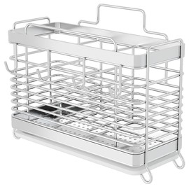 CORIYA Modern Silver Stainless Steel 3-in-1 Kitchen Utensil Holder, Large Wire Organizer, Countertop Tool Storage Crock