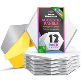 Sonic Acoustics Self-Adhesive 12 Pack Hexagon Acoustic Panels, 14" X 12" X 0.4" High Density Sound Absorbing Panels Sound Proof Insulation Beveled Edge Studio Treatment Tiles-White