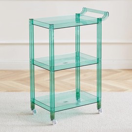 Acrylic Utility Rolling Cart,3-Tier Acrylic Bar Cart with Pulling Handle & 4 Wheels for Kitchen Living Room Dining Laundry,Clear Multifunction Small Spaces Rolling Serving (Size:29.13'' H,Color:Green)