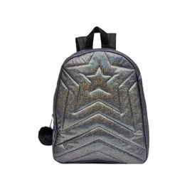 Children's Girls Roxy Style Holographic Star Black Backpack Rucksack School Travel Bag, Star embossed with Pom Pom