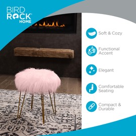 BIRDROCK HOME Round Faux Fur Foot Stool Ottoman - Soft Compact Padded Vanity Seat with Pale Gold Legs - Durable Wood Frame & Hair Pin Metal Legs - Ideal for Bedroom, Makeup Vanity Seat - Fluffy Pink