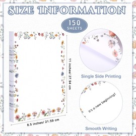 Roowest 150 Sheets Wildflower Printer Paper Decorative Stationery Paper 8.5 x 11 Inch with Border Design Elegant Writing Letterhead Sheets for School Writing Home Office Supplies