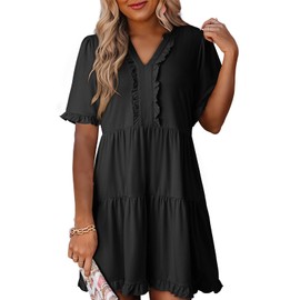 Dokotoo Womens Dresses Spring Summer Short Sleeve Dress V Neck Tunic Dresses Casual Flowy Swing Shift Dress A Line Babydoll Mini Dress for Wedding or Graduation Plus Size Black Dresses for Women S