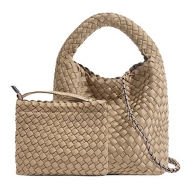 OUYGZOU Fashion Tote Satchel Ladies Woven Hobo Handbags Adjustable Shoulder Bucket Bag Top-handle with Purse for Women (Apricot)