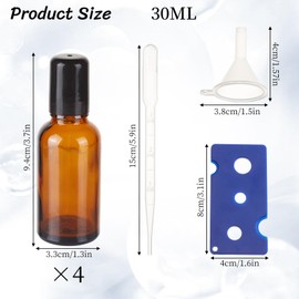 NICENEEDED 4 Pack 30ML Essential Oil Roller Bottles, Amber Oil Roller Bottles for with Stainless Steel Balls Opener Funnel Dropper Included, Glass Roller Bottles with Caps for Travel