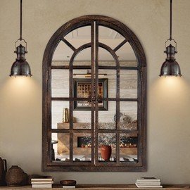 Arched Wall Mirror with Window Design, 38"x26" Rustic Farmhouse Wood Mirror for Wall Decor, Decorative Vintage Arch Mirror for Living Room, Bedroom, Entryway