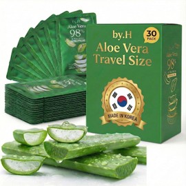 by.H Gel De Aloe Vera Tamaño Viaje(30 Mini Sobres)- Gel Orgánico Calmante Apto Para Viajar En Aviso - 98% Gel De Aloe Puro En Sobres, Alivia Las Quemaduras Solares, No Graso, Envase Portátil Para Viaj