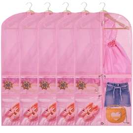 5 Pcs Costume Dance Garment Bag with 3 Clear Zipper Pockets for Suits Dress Cover, Travel & Competitions Protector(Pink)