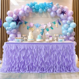 PARTISKY Lavender Purple Tulle Curly Willow Table Skirt for Rectangle Table 14ft, Ruffle Tutu Table Cloth for Girls Boys Baby Shower,Mermaid Birthday Party