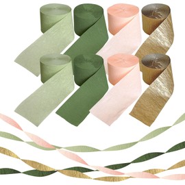 8 Rolls Crepe Paper, Peach Pink Bean Green Ink Green Gold Crepe Ribbons Pastel Colours Streamers Decoration for Wedding, Engagement Party, Birthday Party, Boho Baby Party, Party Decoration (4.5 cm x