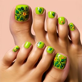 Green Leaf Press on Toenails Short Square Toenails Glossy Cute Flower Toe Nails Full Cover Toe Nails for Women