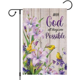 Heyfibro "With God All Things Are Possible" Spring Garden Flag 12x18 Double Sided Burlap, Purple Lily & Yellow Bird Religious Yard Banner for Rustic Seasonal Summer Outdoor Decoration (ONLY FLAG)