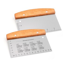 Joyfair Dough Scraper, 2 Pieces Stainless Steel Dough Card Dough Spatula with Wooden Handle, Dough Cutter Kitchen Spatula with Scale Measuring for Cakes, Pizza, Bread and Vegetables, Smooth Surface